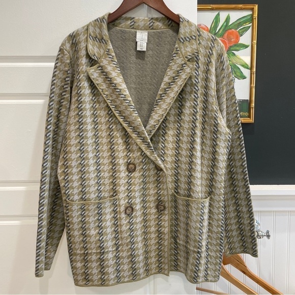 Joie Houndstooth Double Breasted Knit Cardigan Olive Green XL - Picture 1 of 7